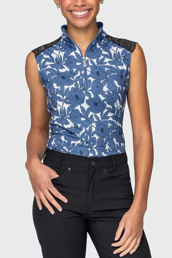 1/4 Zip Lace Shoulder Tank | Pacific Blue Wild Rose