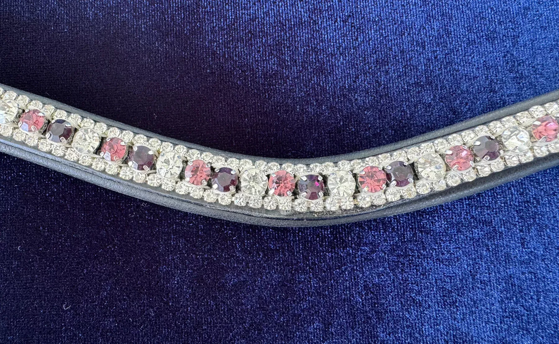 #107 Leather Browband w/Large/ Pink/Ruby/ Crystal pattern,Edged in Crystals