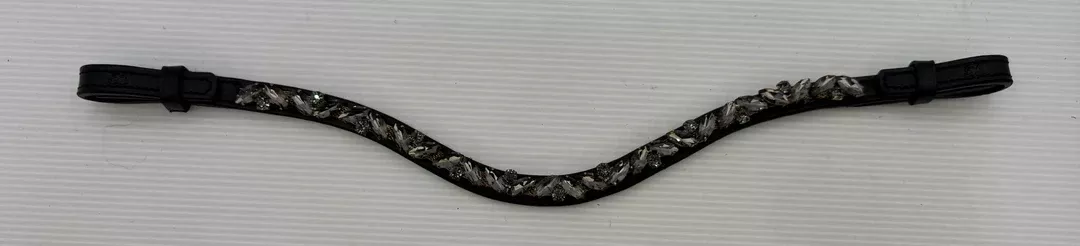 #149 Black Leather Browband, Grey Marquise & Round Crystals set on Gold Mesh