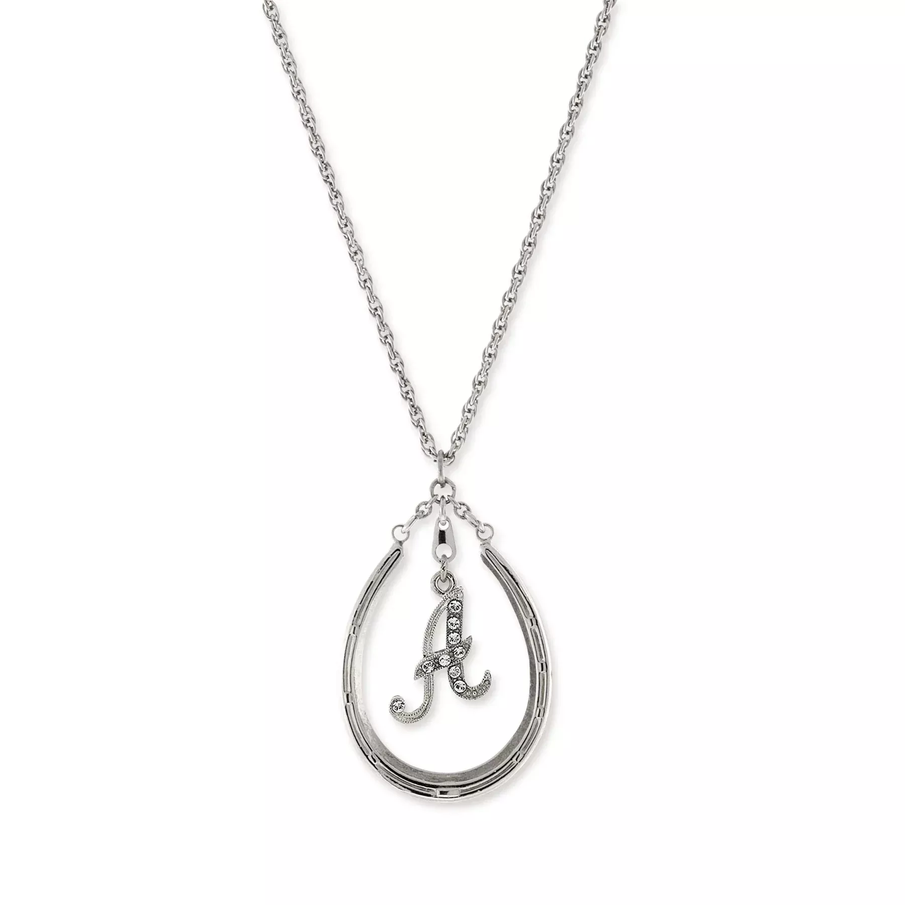 1928 Jewelry Pewter Horseshoe Crystal Initial Necklace