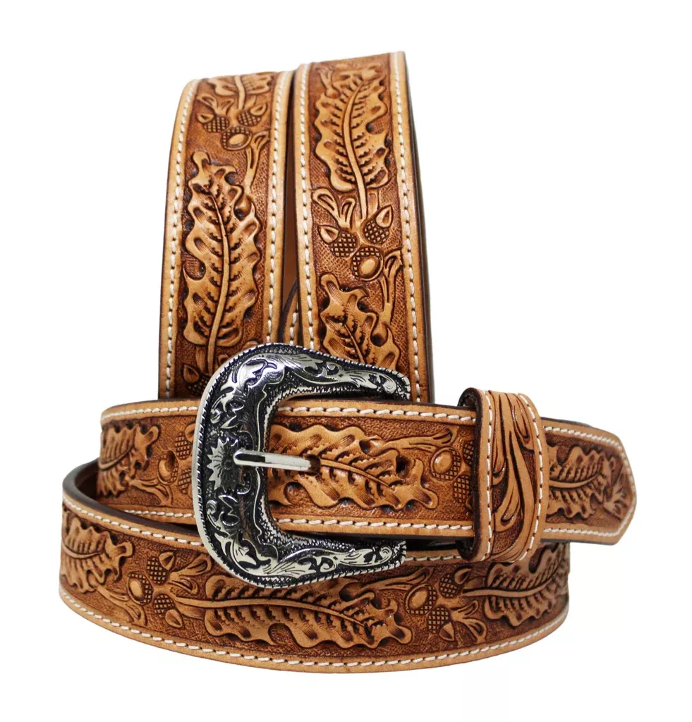 37-38Men's Women 1.5" Western Tooled Floral Beaded Genuine Leather Belt 26RS60