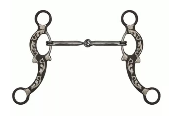 5" Brown Snaffle Bit with Engraved Silver Overlays