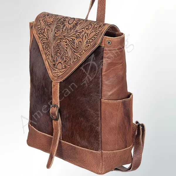 American Darling Backpack Bag Handcrafted from Hand Tooled Floral Leather & Hair-On Cowhide with YKK Zipper
