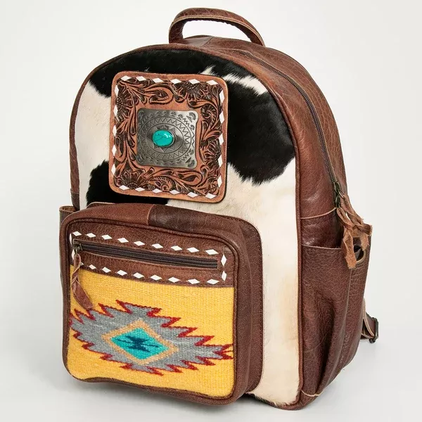 American Darling Backpack for Women, Hand Tooled Floral Leather & Hair-On Cowhide Western Bag, Woven Saddle Blanket & YKK Zipper