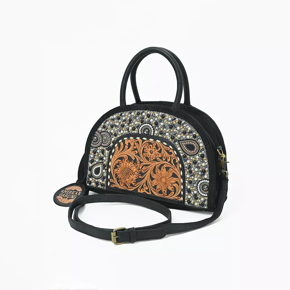 American Darling Black Beaded Half-Moon Bag with Tooled Leather Accent
