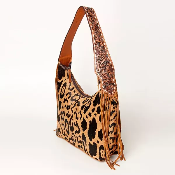 American Darling Genuine Leather Hobo Bag for Women Hair-On Cowhide Floral Carved Tooled Purse with Fringes & YKK Zipper