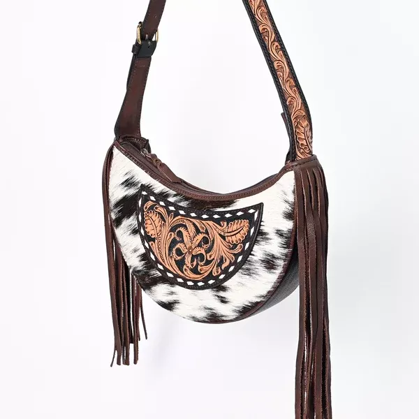 American Darling Hand Tooled Floral Carved Hair-On Cowhide Genuine Leather Fringe Hobo Bag Vegetable-Tanned Eco-Friendly