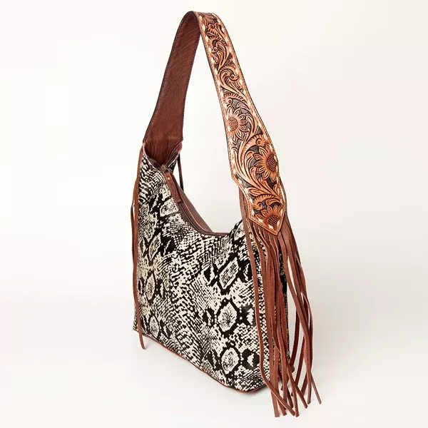 American Darling Hand Tooled Genuine Leather Hobo Bag for Women Hair-On Cowhide Floral Carved Purse with Fringes & YKK Zipper