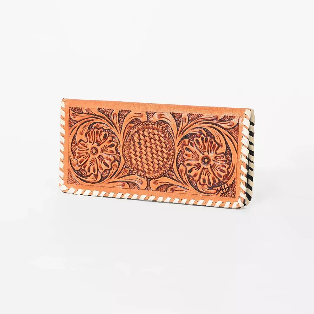 American Darling Hand Tooled Leather Floral Bifold Long Wallet Checkbook