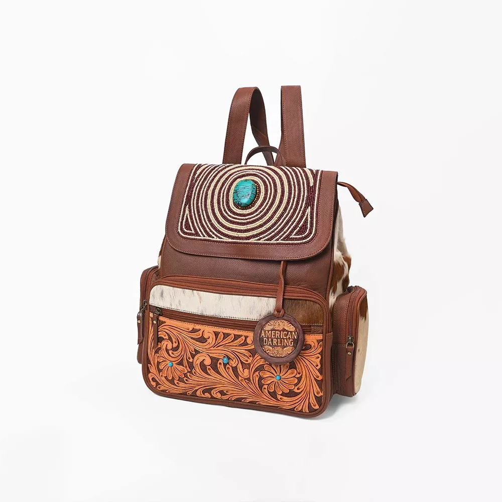 American Darling Western Leather Backpack with Turquoise Stone & Hand‑Tooled Floral Detailing