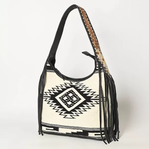American Darling Western Leather Hobo Bag – Genuine Leather, Fringe, Handwoven Saddle Blanket, Everyday Carry Tote