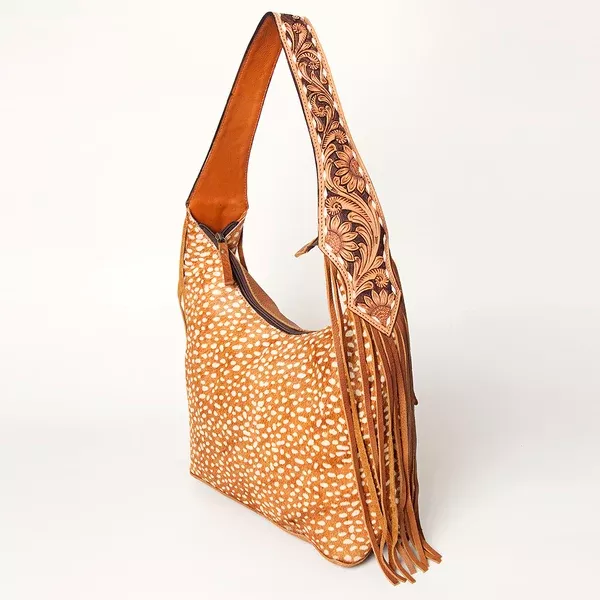 American Darling Women's Hobo Bag Hair-On Cowhide Hand Tooled Fringes Vegetable-Tanned Genuine Leather YKK Zipper