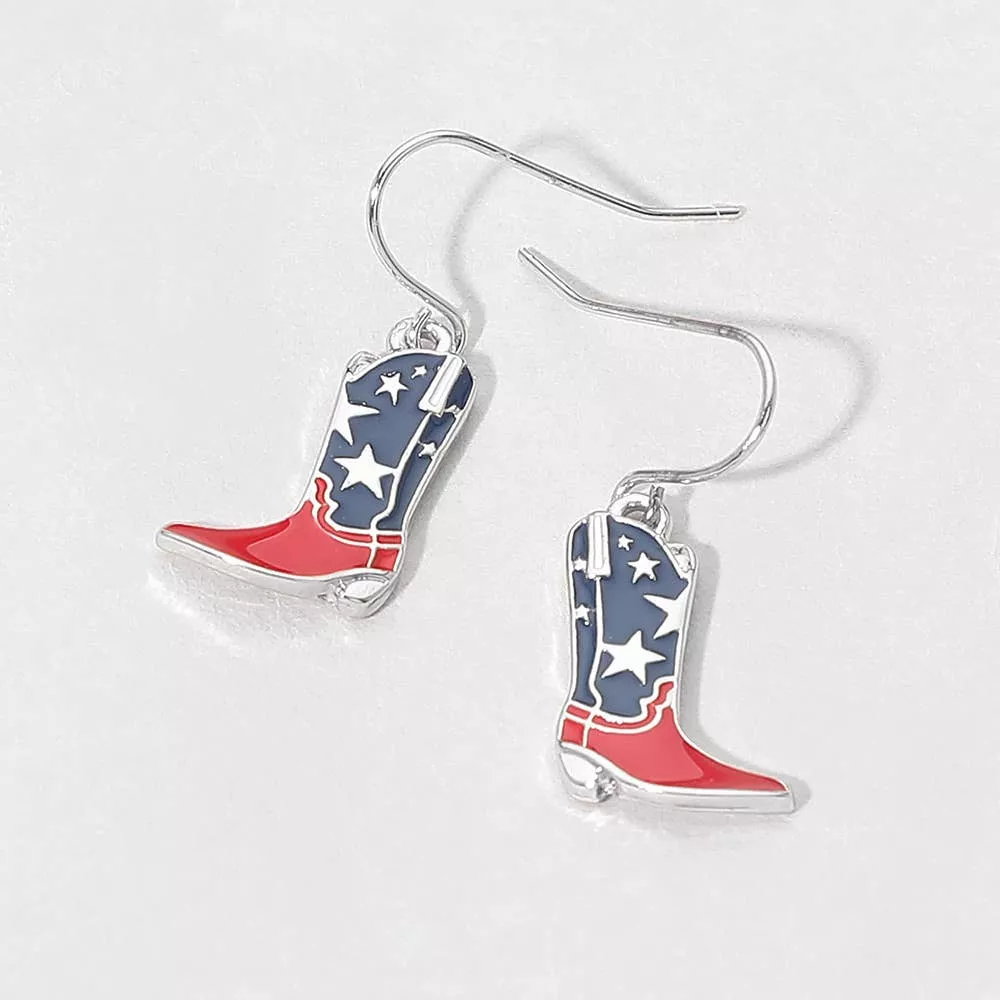 American USA Flag Cowboy Boot Charm Drop Dangle Earrings