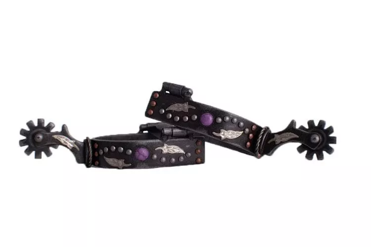 Antique gray steel spur with purple marble studs and silver and copper studs