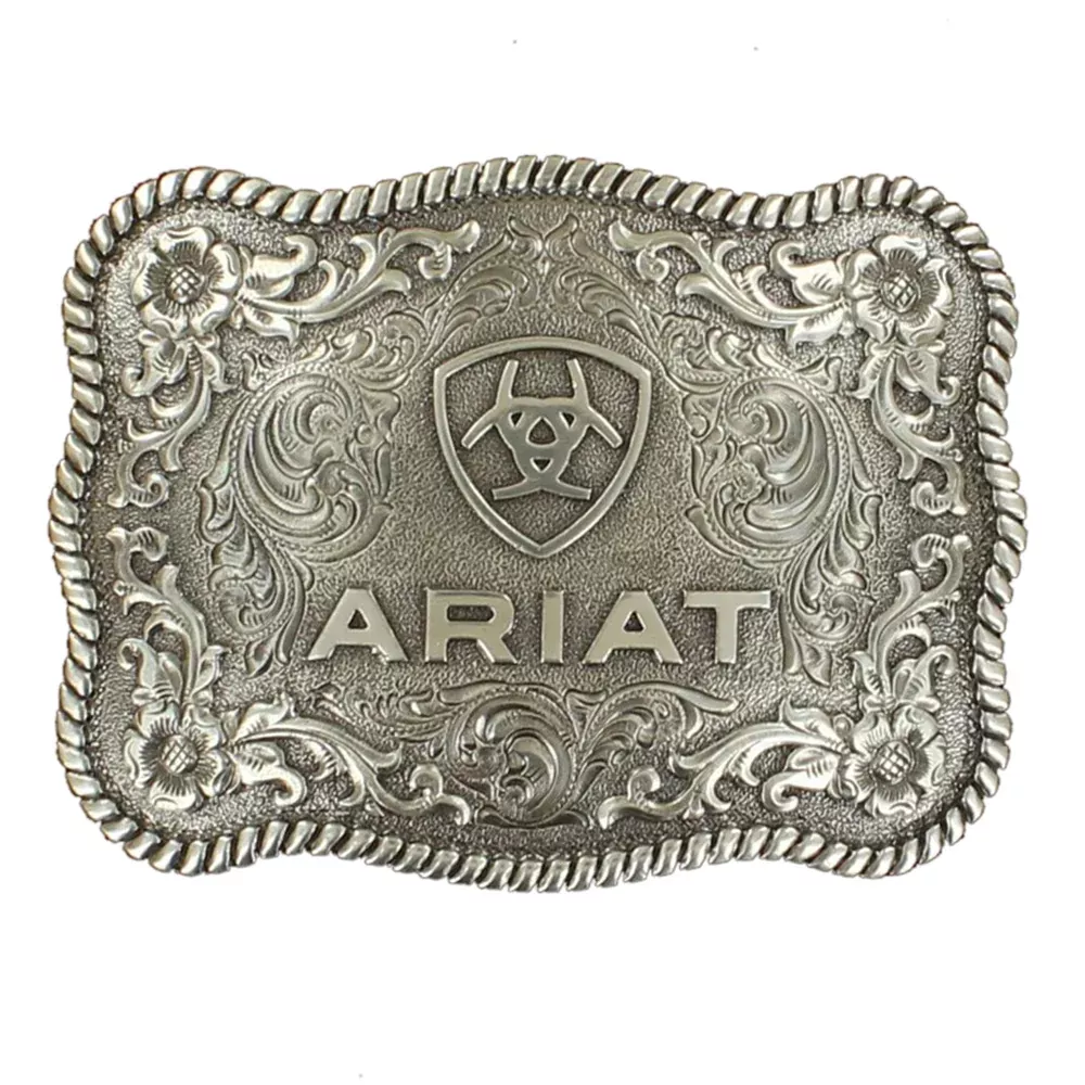 Ariat Silver Scroll Western Belt Buckle Rectangular Scalloped Edge