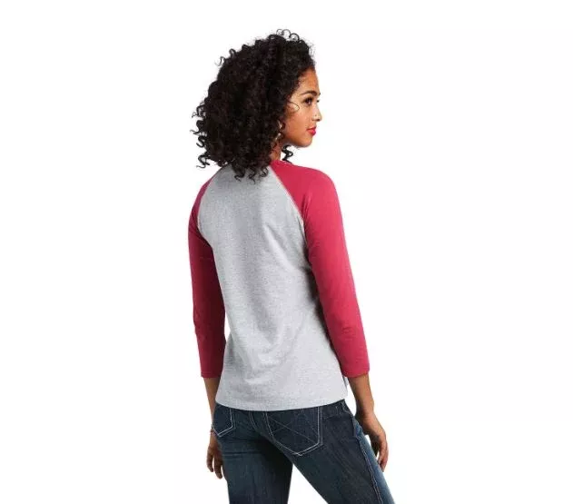 Ariat Womens REAL Long Live Baseball Tee Heather Grey/Red Bud