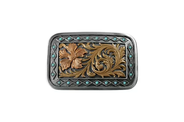 Blazin Roxx Rectangle Buckle with Flower and Turquoise