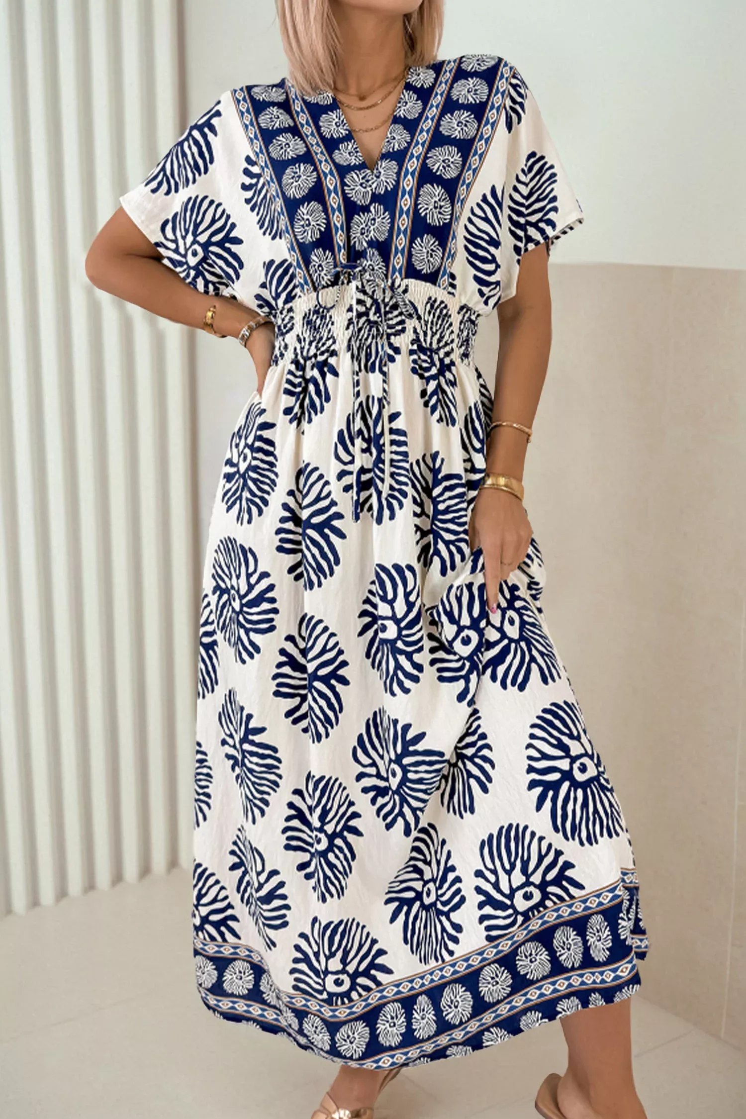 Blue Boho Floral Print Contrast Patchwork V Neck Dolman Maxi Dress