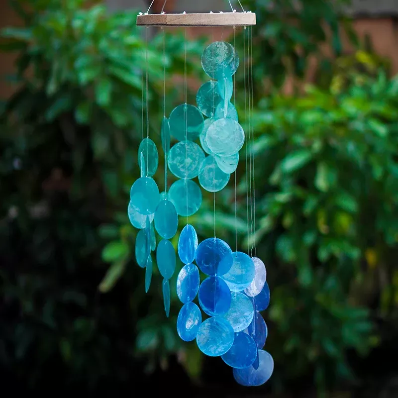 Blue Water Spiral Capiz Chime Wood Top