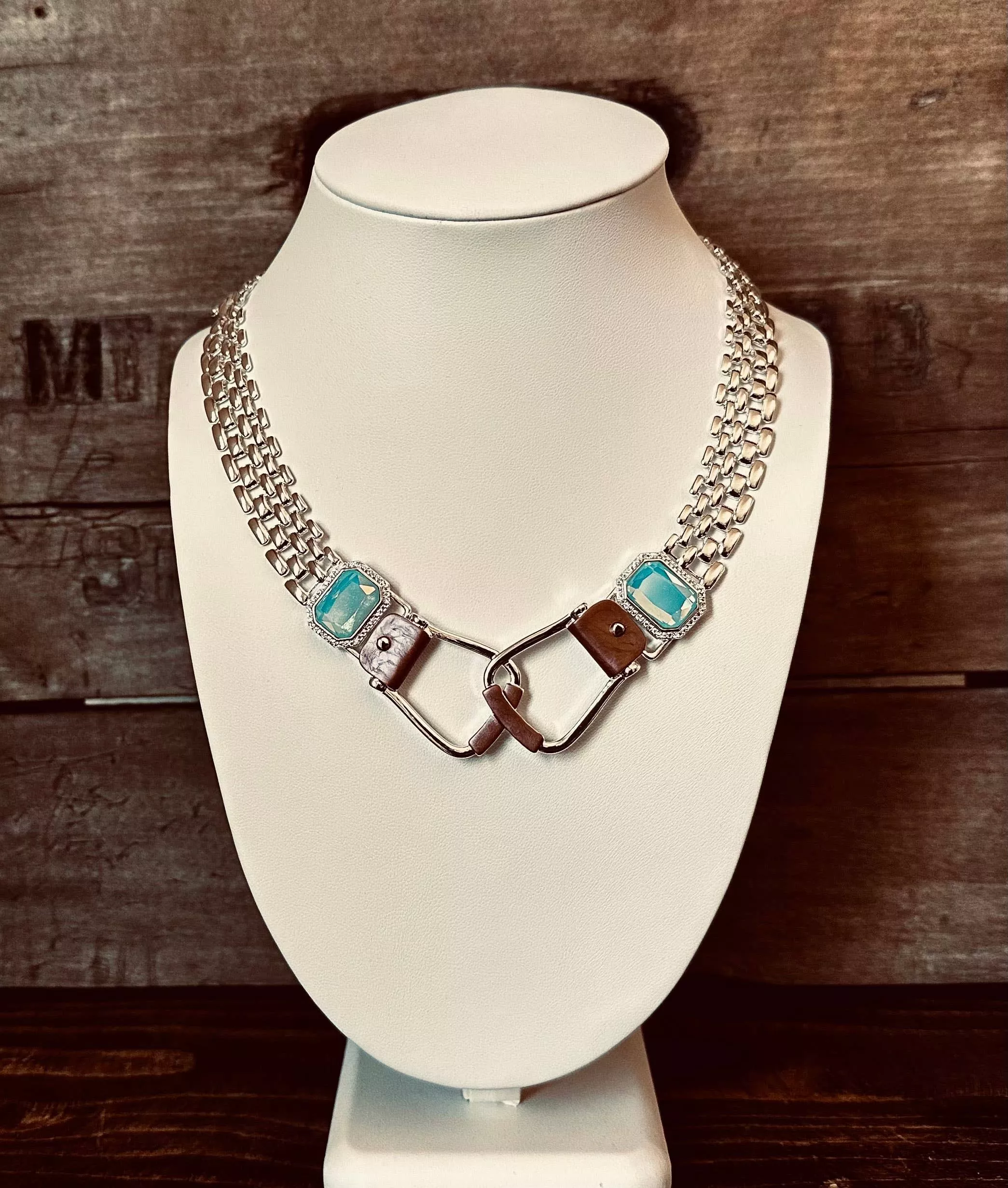 Bold Western Saddle Stirrup Necklace/Aqua stone w/toggle