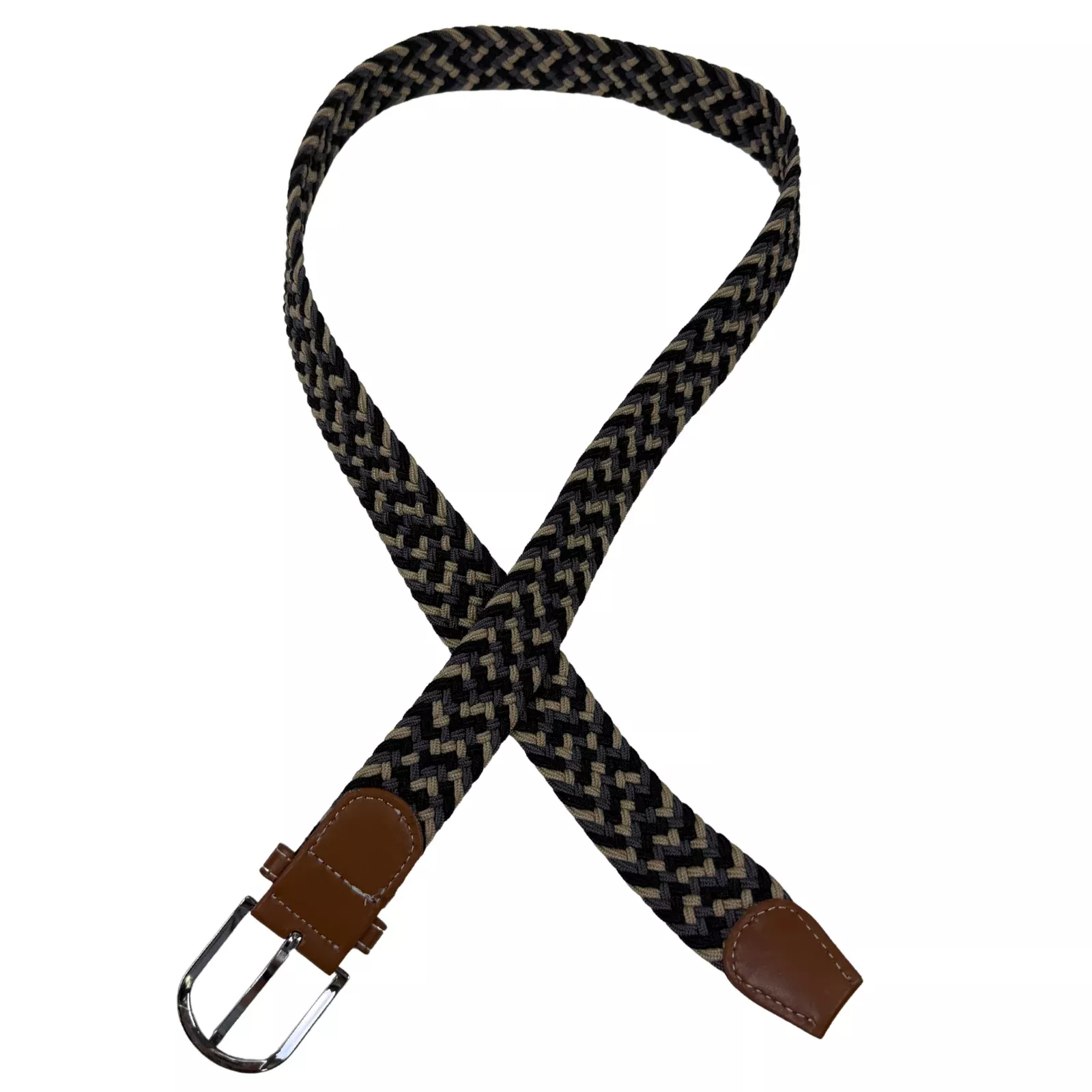 Braided Elastic Belt in Tan/Grey/Black - One Size
