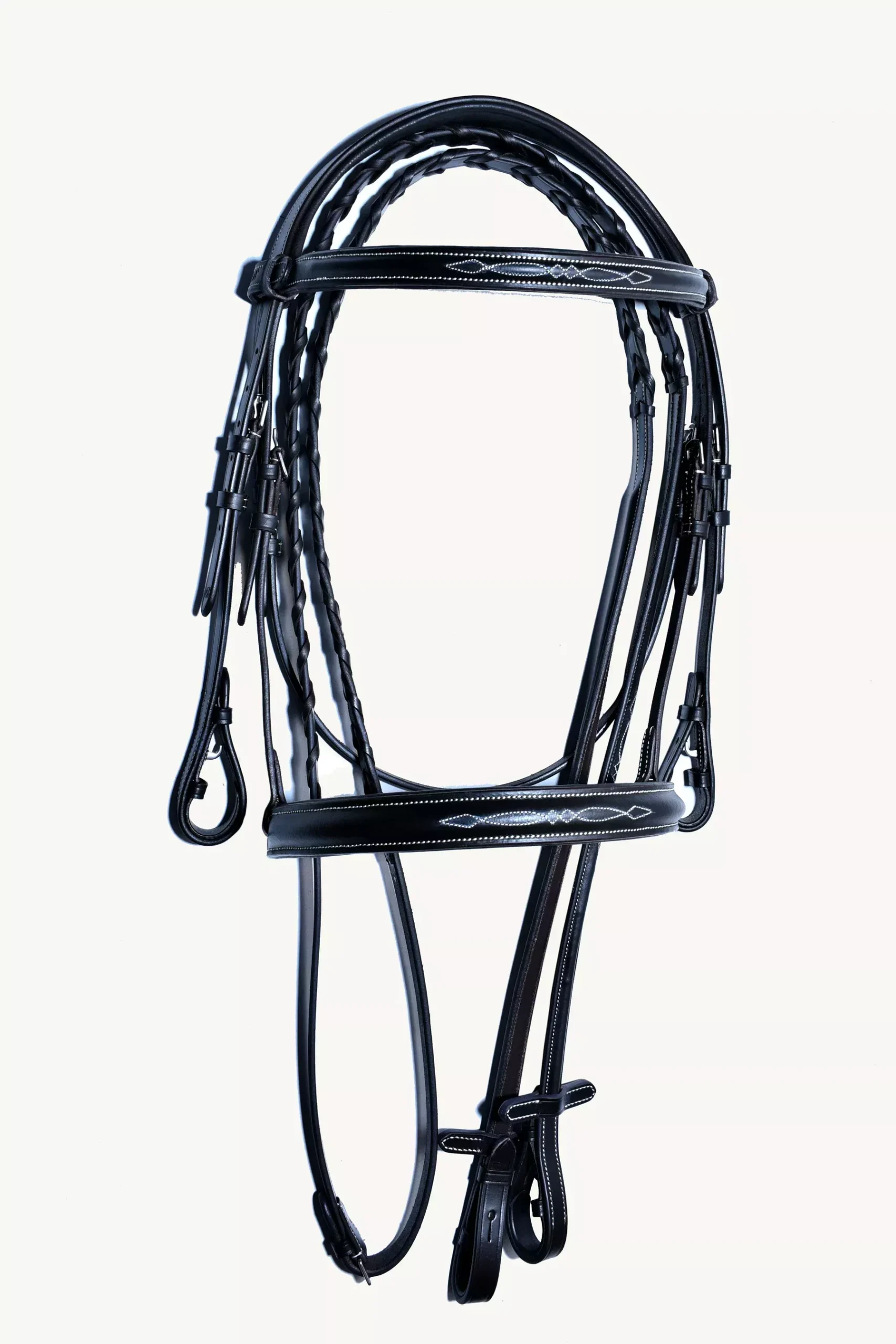 Bridleberry #30 Hunter Snaffle Full Grain Leather Bridle w/ White Stitched Design on Brow & Nosebands, White Stitched Laced Reins