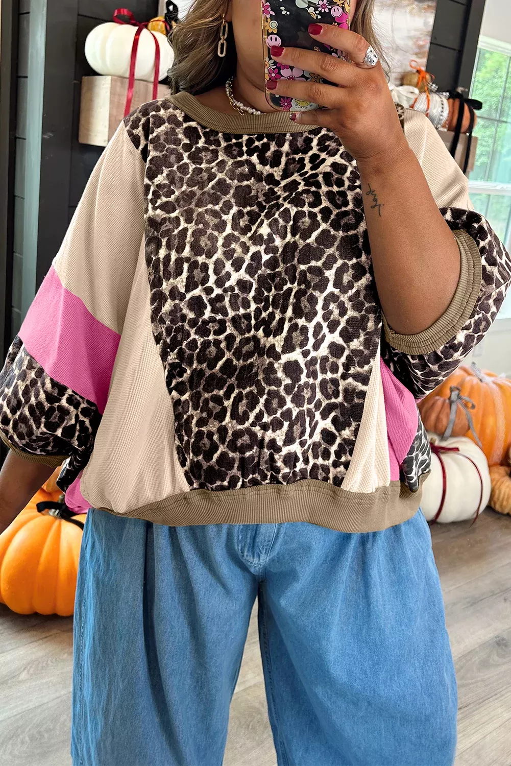 Brown Leopard Print Color Block Patchwork 3/4 Sleeve Loose Top