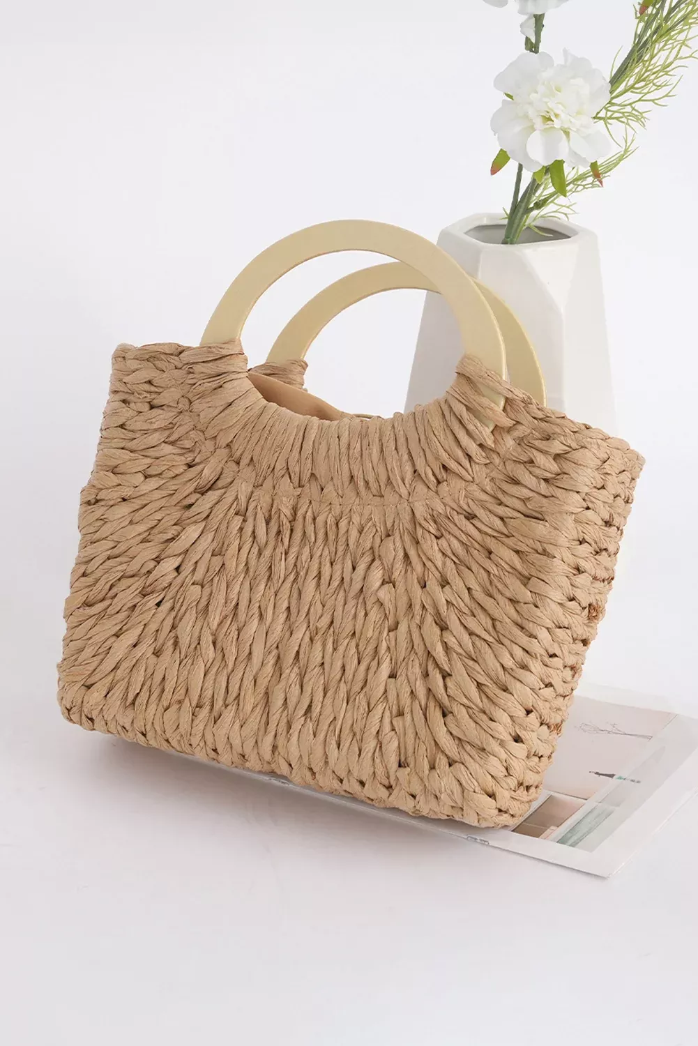 Camel Retro Straw Woven Handle Bag