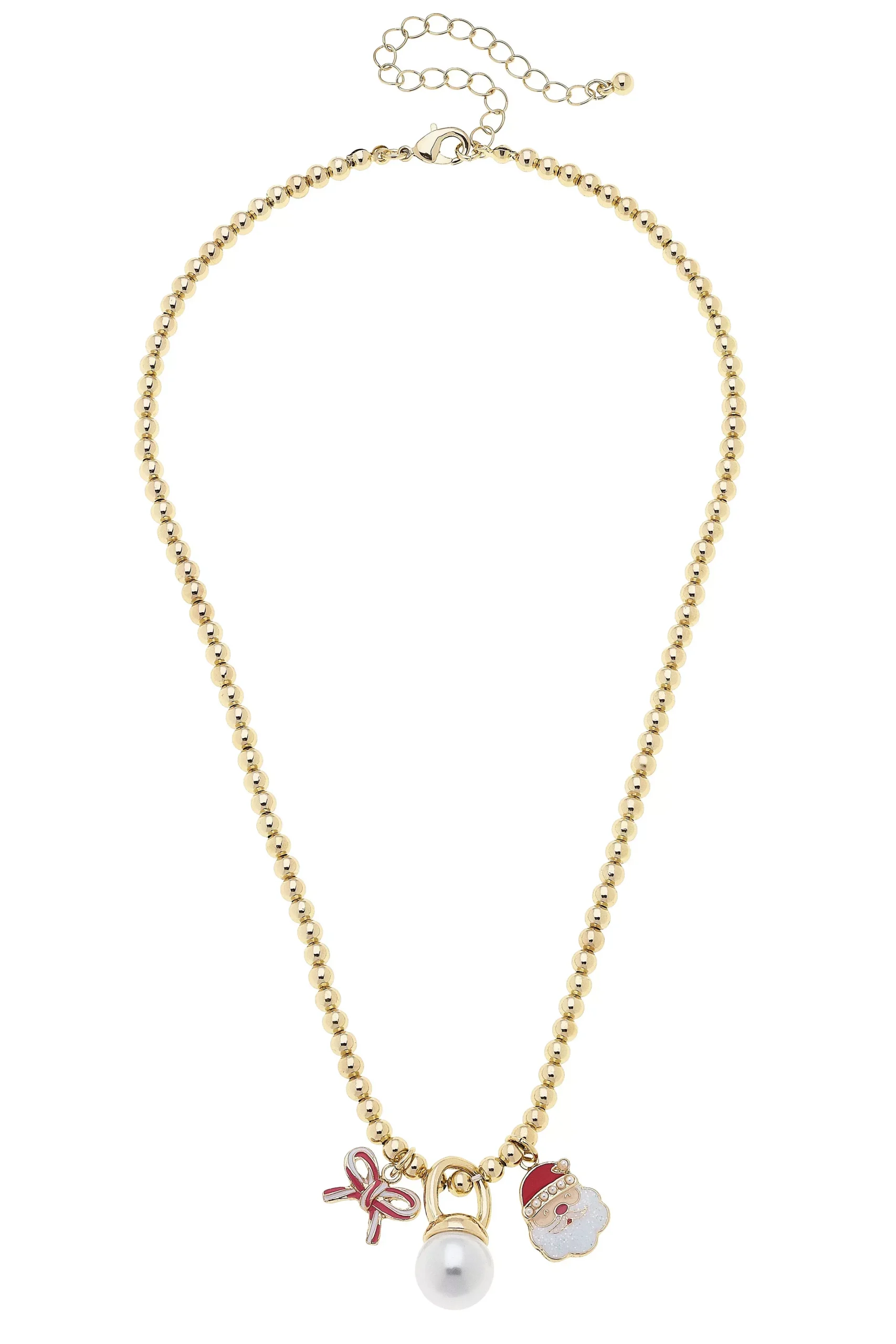 Candy Cane Bow & Santa Claus Ball Bead Necklace