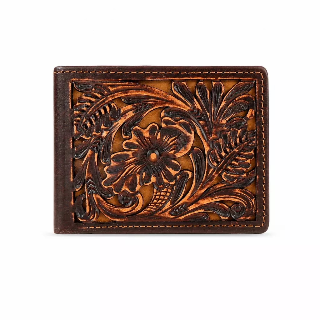 Challenger Bifold Leather Wallet Embossed Floral Design Slim Compact Durable Brown 18FKW100B