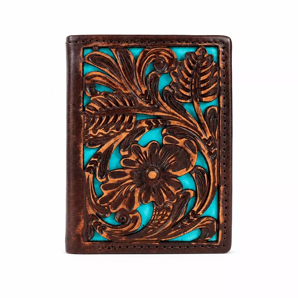 Challenger Men’s Trifold Leather Wallet Handcrafted Floral Embossed Compact Secure Turquoise Brown 18FKW102T