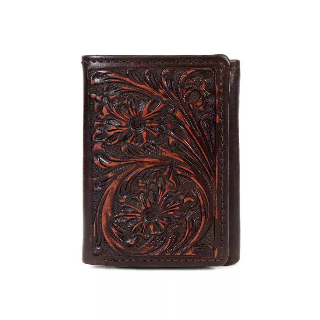 Challenger Trifold Leather Wallet Floral Embossed Compact Multi Fold Brown 18FKW104T