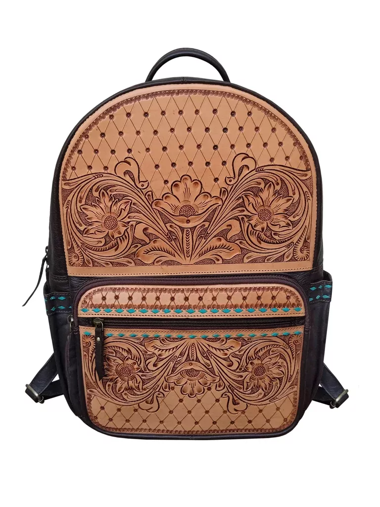 Challenger Turquoise Trail Western Leather Backpack, Floral Tooled w/ Turquoise Accents, Multi Pocket Carry Bag 18RSB02