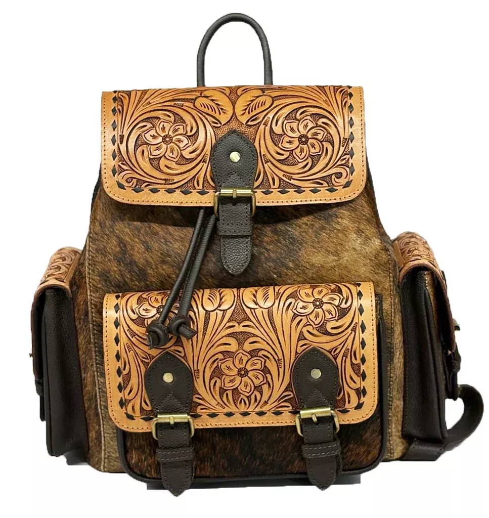 Challenger Western Leather Backpack, Cowhide Bag w/ Hand Tooled Floral Pockets Full Size Daypack 18RSB09