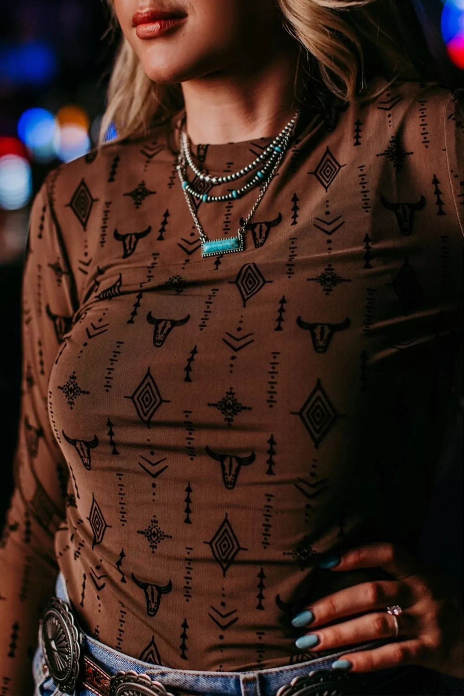 Chestnut Retro Western Print Mesh Long Sleeve Sheath Top