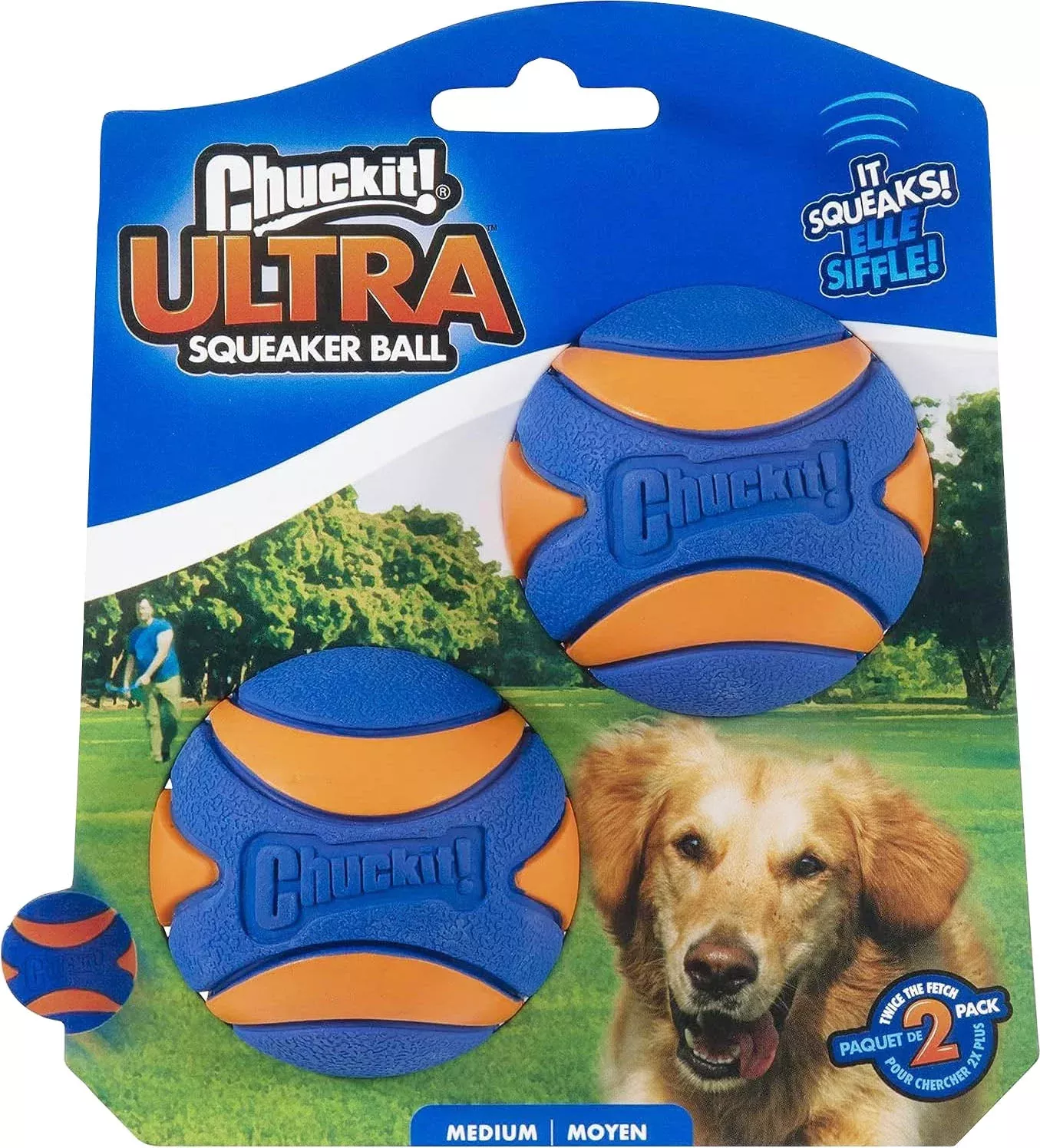 Chuckit! Ultra Squeaker Ball, Blue/Orange, Medium, 2 Pack