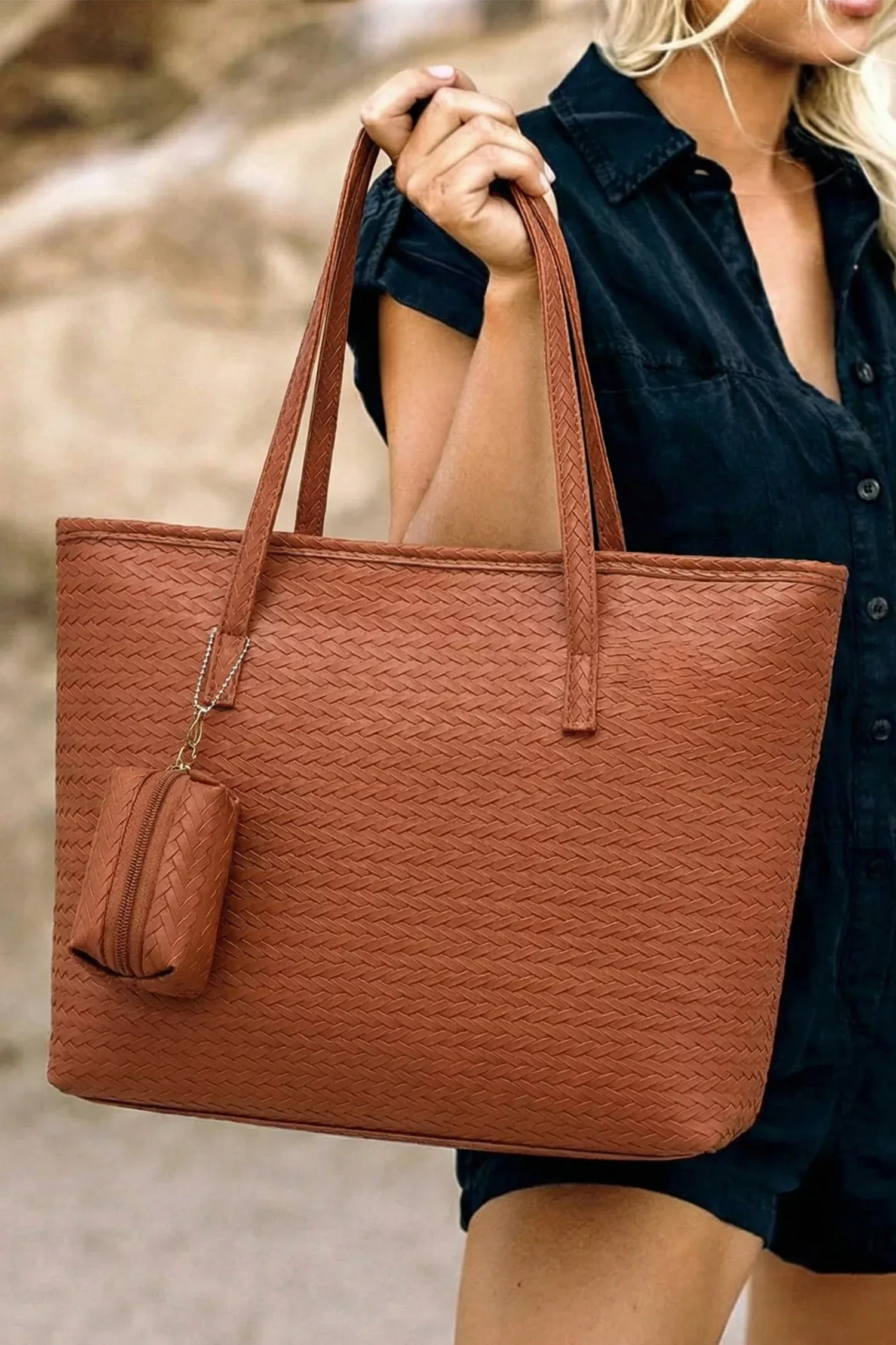 Cinnamon Leatherette Woven Tote Bag with Detachable Pouch