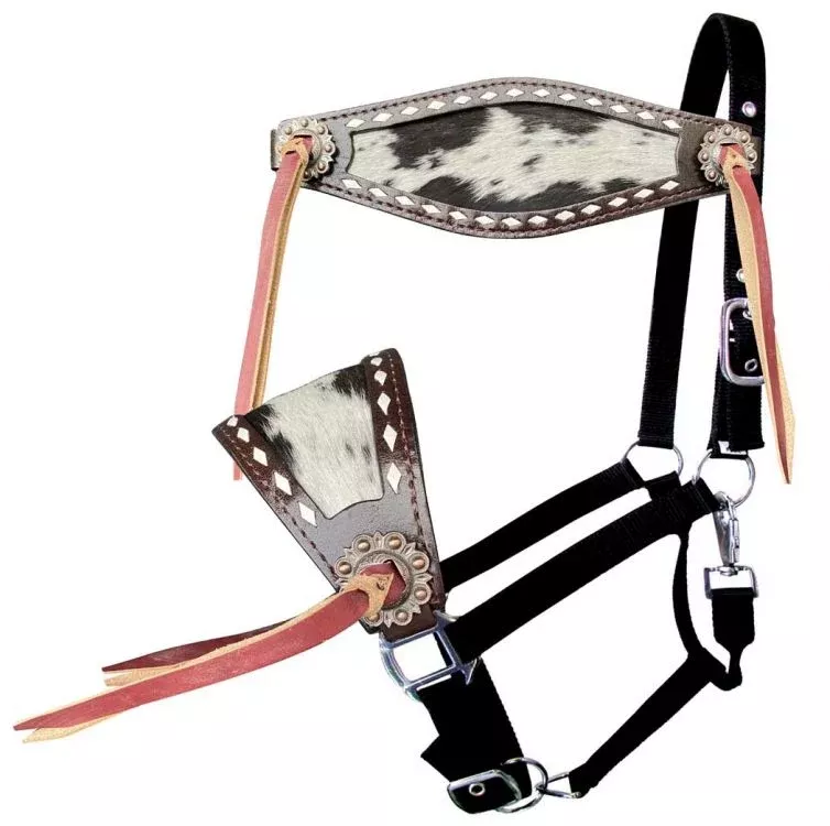 Cowhide noseband with leather tassels Bronc Halter on Adjustable nylon