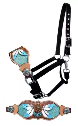 Dreamcatcher Teal Design Bronc Halter on Adjustable nylon