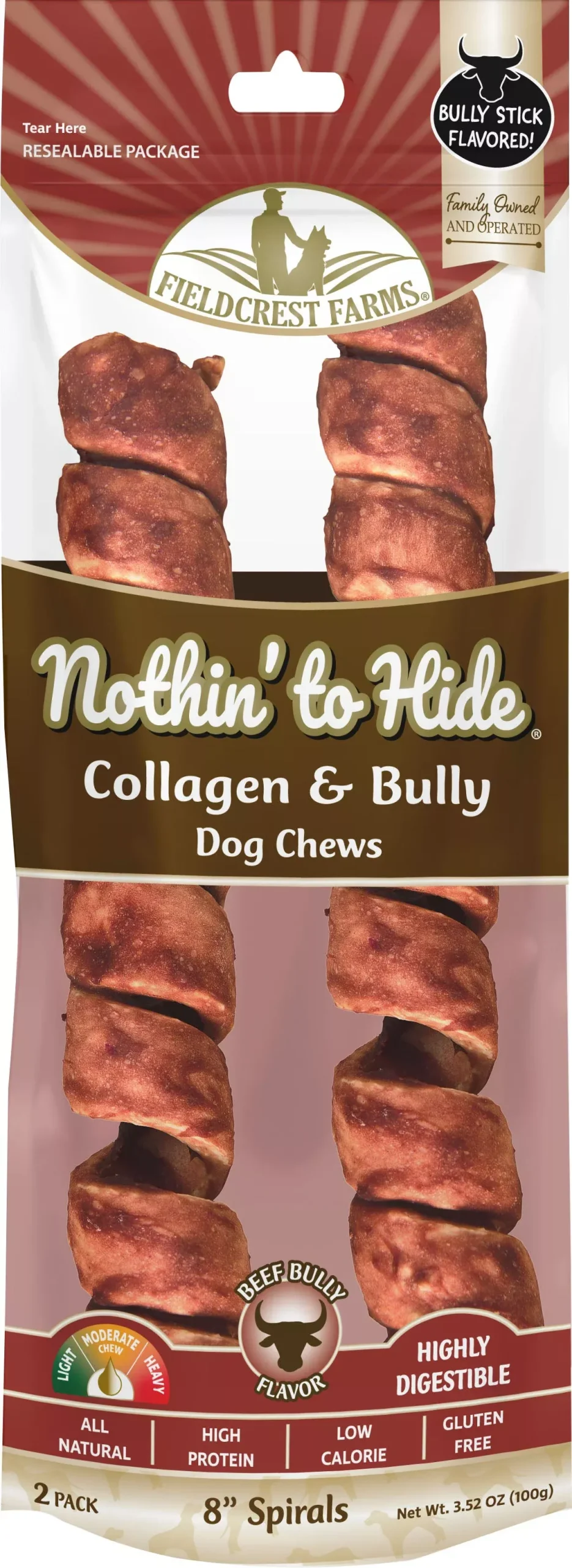 Fieldcrest Farms Spirals Dog Chew, Bully, 8 in, 2 Pack