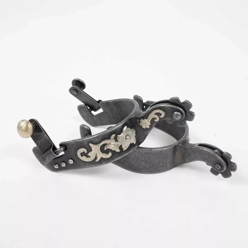 Formay Aged Steel Spurs w/Silver Floral and Dot Accents