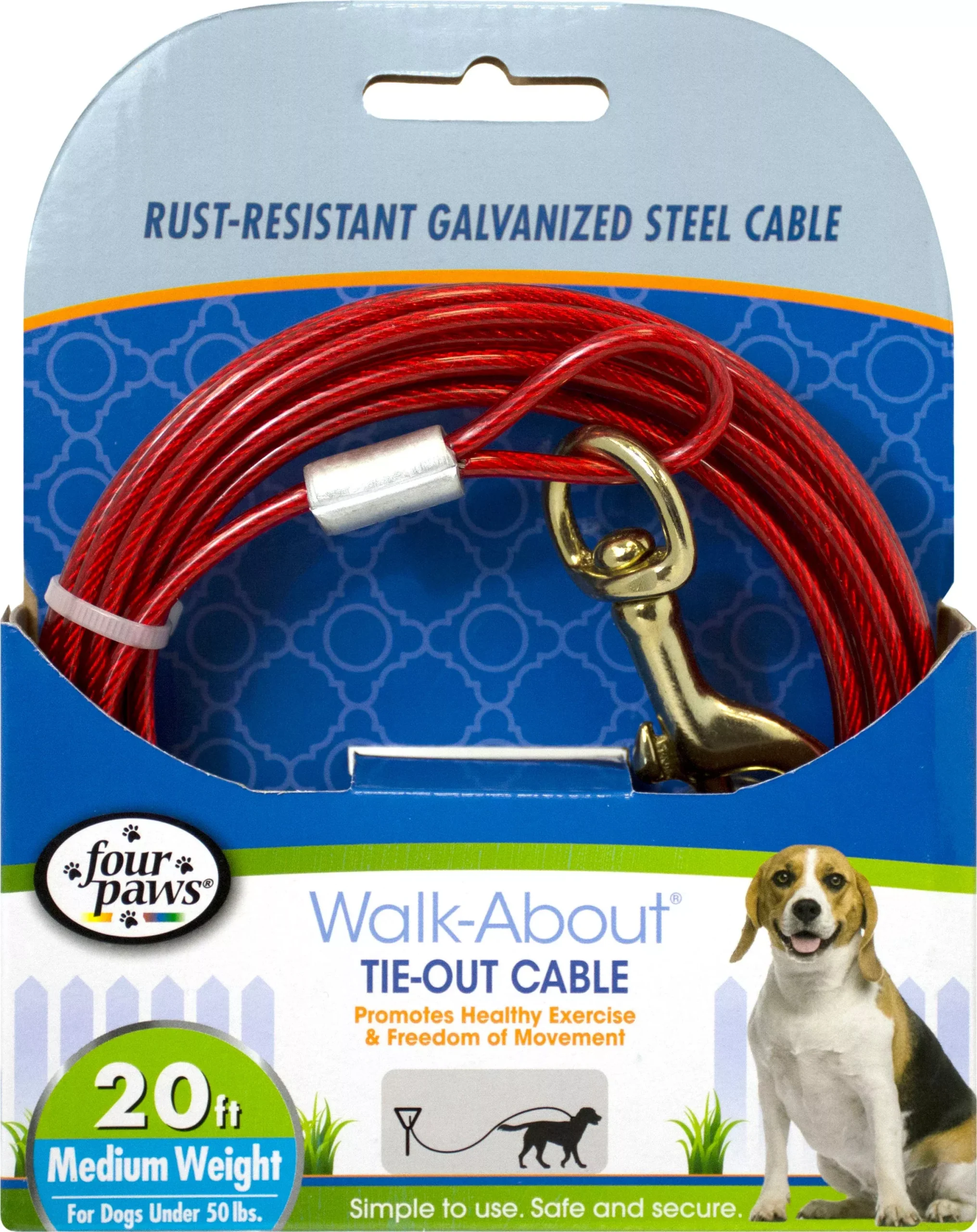 Four Paws Walk-About Tie-Out Cable, Medium Weight, 20 ft, Red