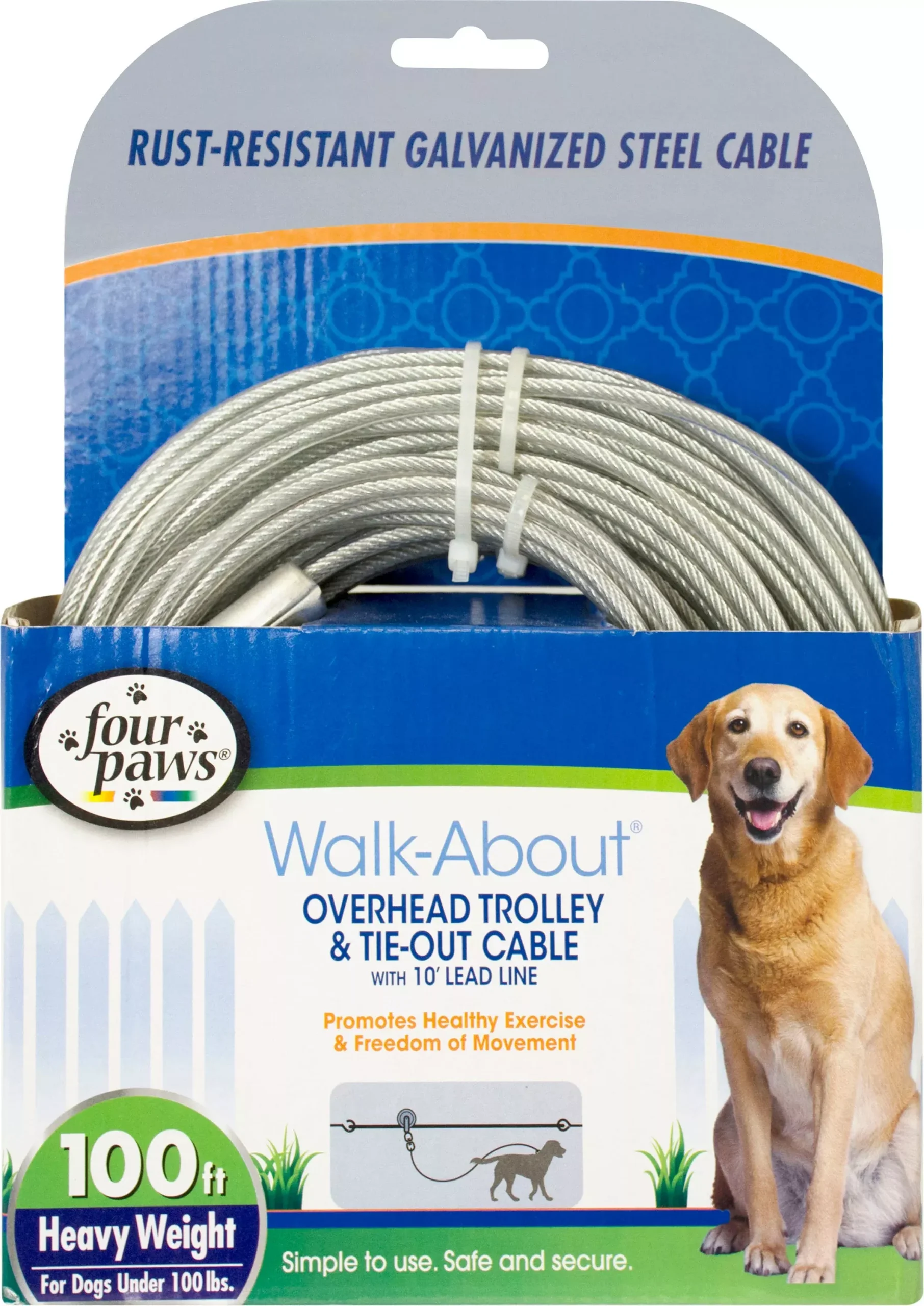 Four Paws Walk-About Trolley & Cable Heavy Weight, Silver, 100 ft