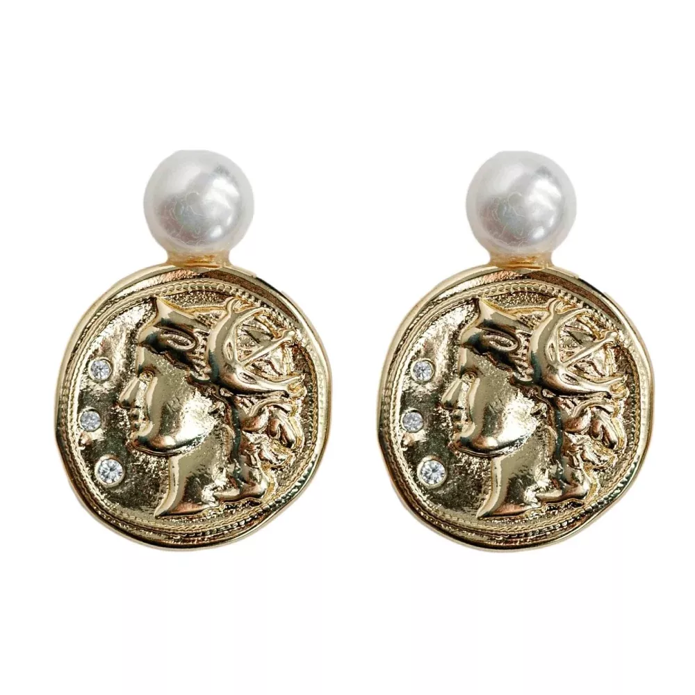 Genuine Pearl/Gold Coin Statement Earrings