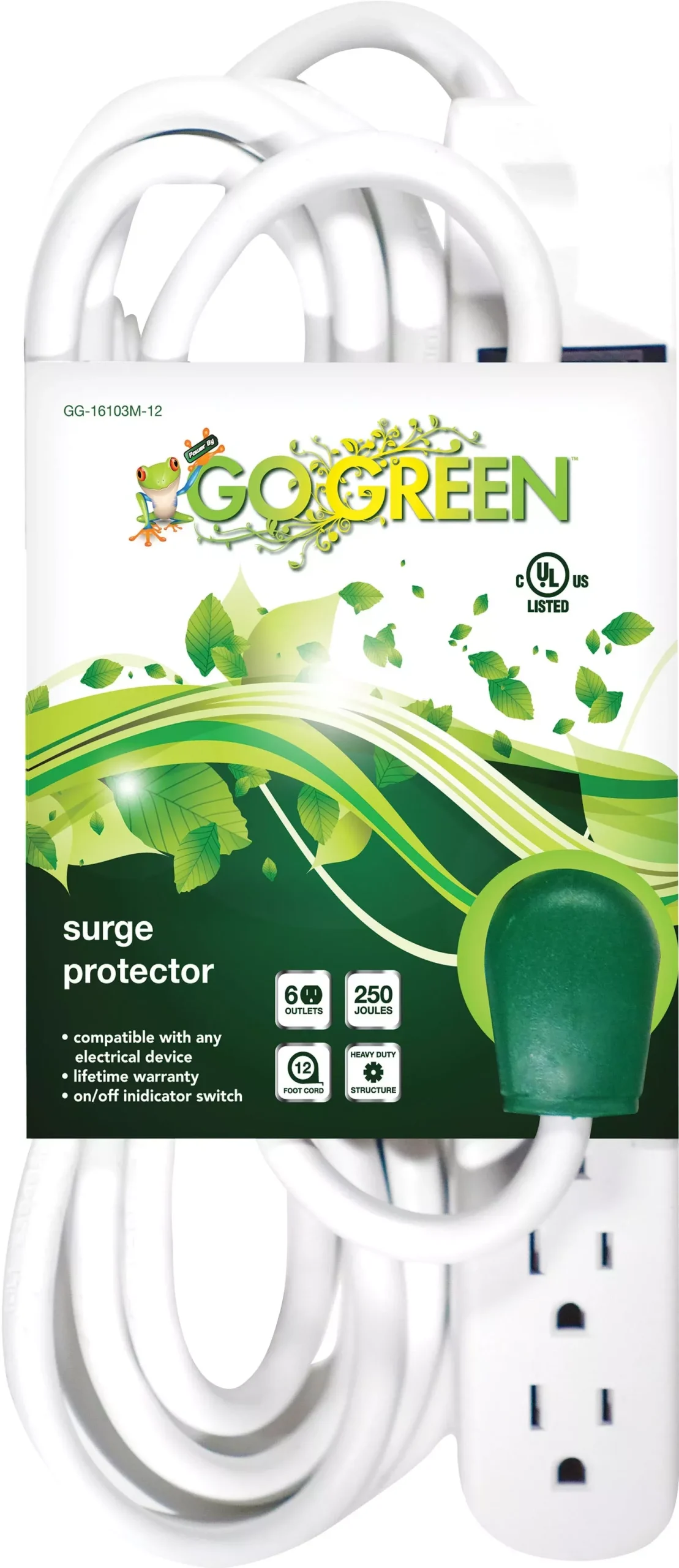 GoGreen Surge Protector 6 Outlet with 12 ft Cord White