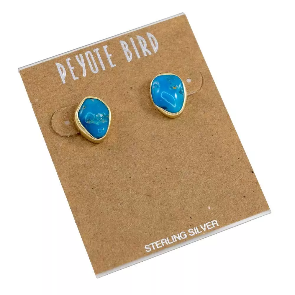Gold Plated Rough Cut Turquoise Stud Earrings