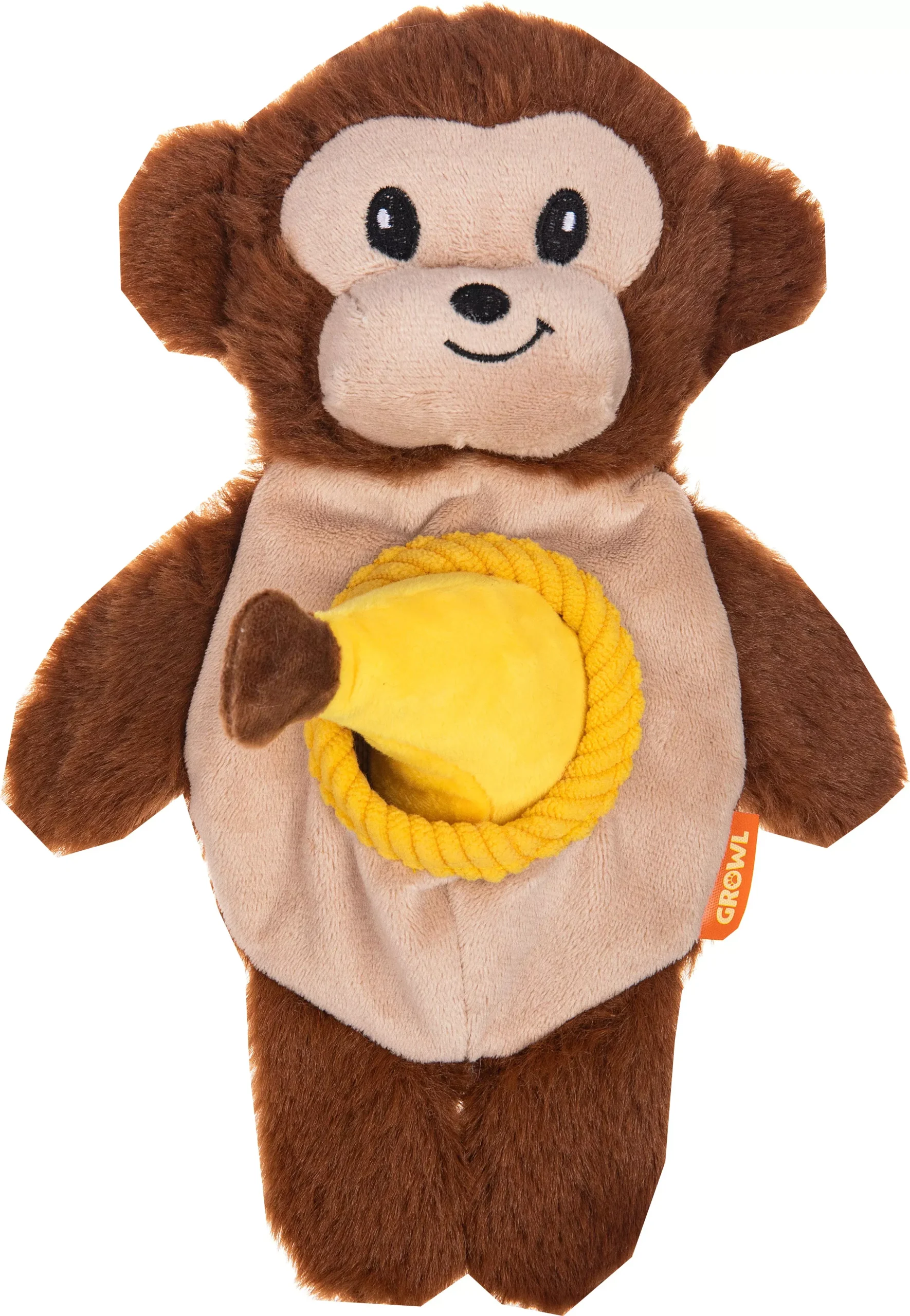 Growl Snackerz Monkey Dog Toy Brown 9.7 in