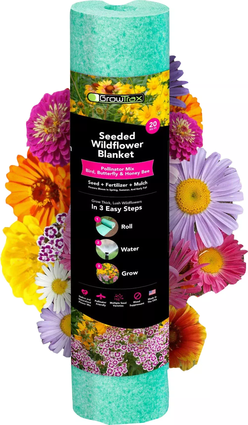 GrowTrax Seeded Wildflower Blanket, Pollinator Mix, 20 sq ft