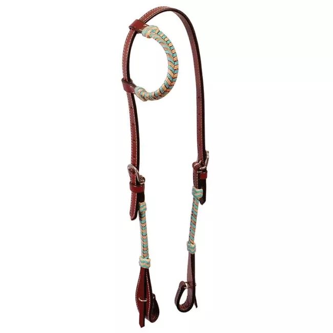 Headstall 1 Ear w/Natural + Turquoise Laced Rawhide
