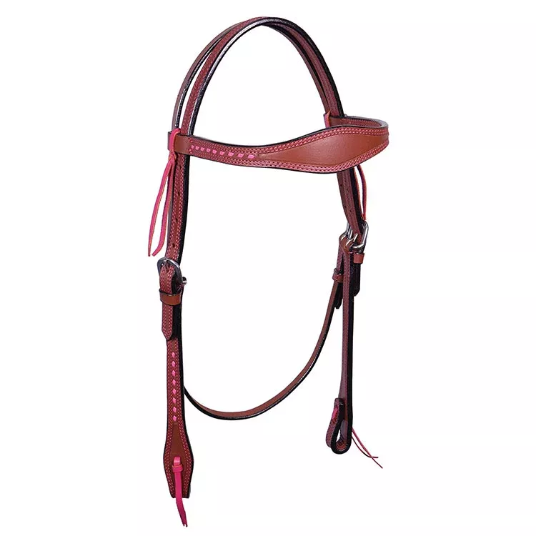 Headstall w/Browband w/Pink Buckstitch, Double Row Stitching